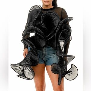 2PCs Mesh and Swirl Black Sculptural Statement Top